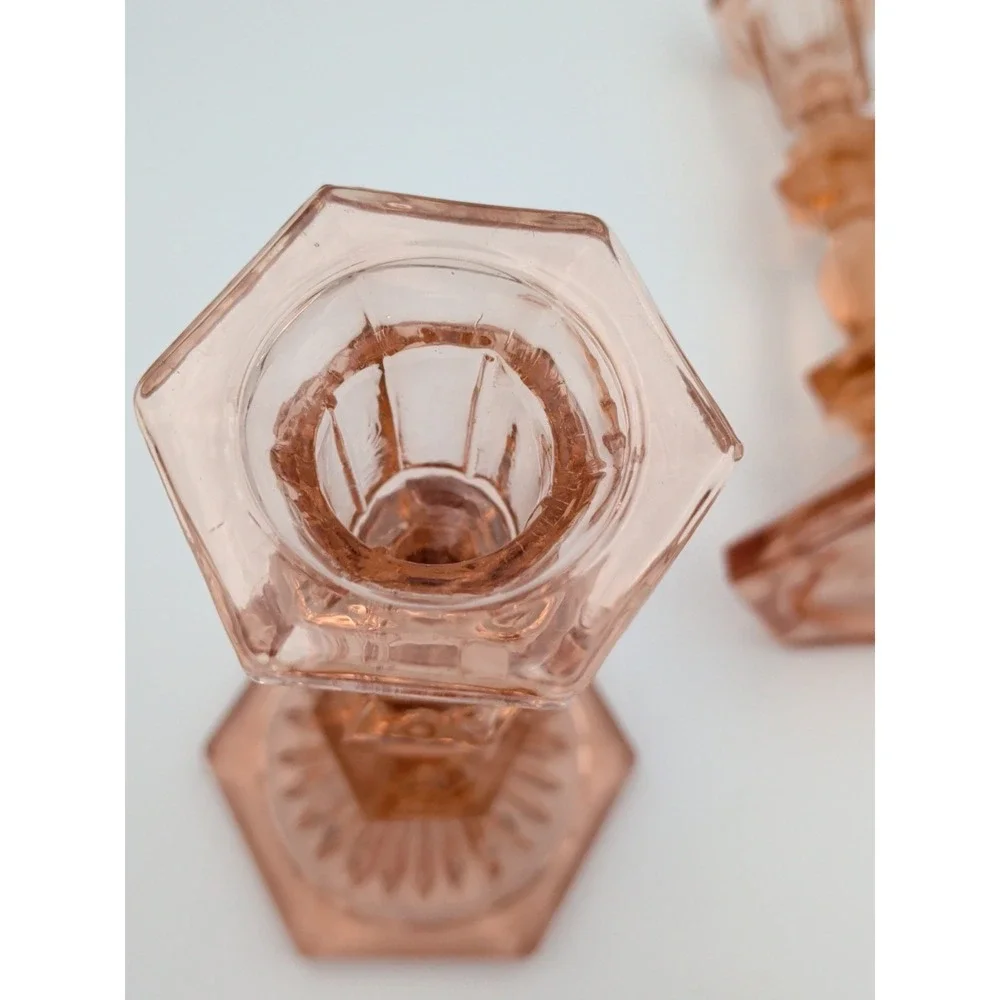 Pair of Vintage Deep Rose Pink Depression Glass Candlesticks, Beacon Hill 7.5